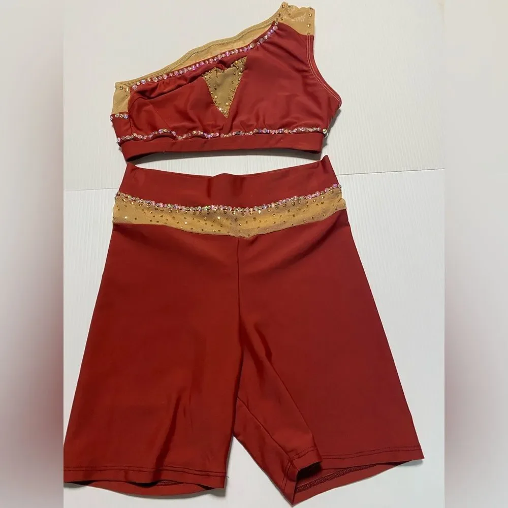 Patrick J designs dance costume solo orange illusion 2 piece top bike shorts XSA
